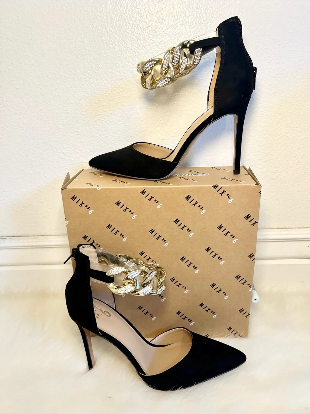 Mix No. 6 Dinla Black Suede Pointed-Toe Pump with Gold Crystal Chain Ankle Strap